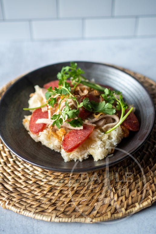 Sticky Rice with Pork, Sausage and Dried Shrimps (Xoi Man)